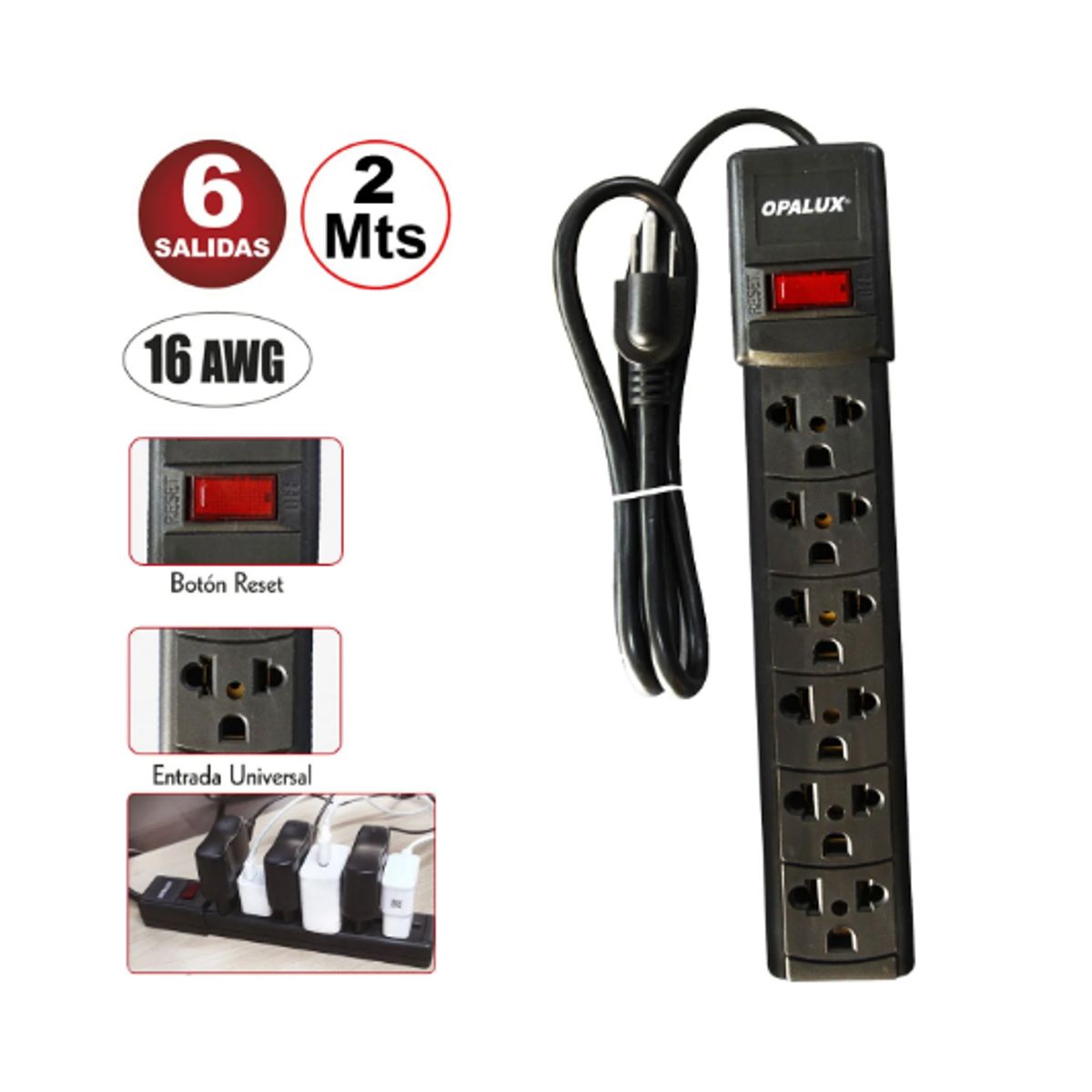 OPALUX - Extensión Universal Vulcanizada 6 Salidas 2Mts OP-FL28-2MTS OPALUX