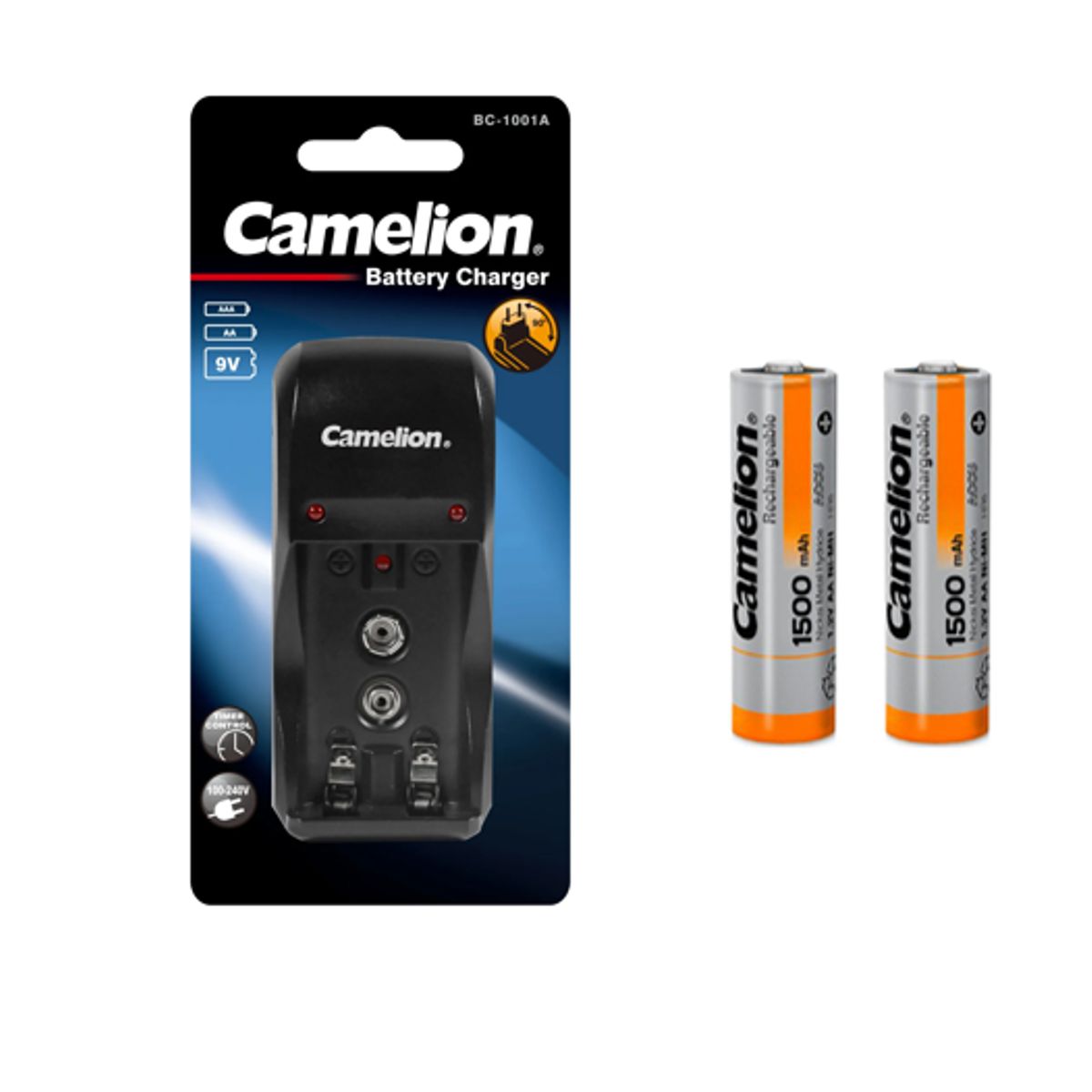 CAMELION - Cargador para 2xAA -2xAAA y 9v +2 Pilas Recargables de AA1500mah