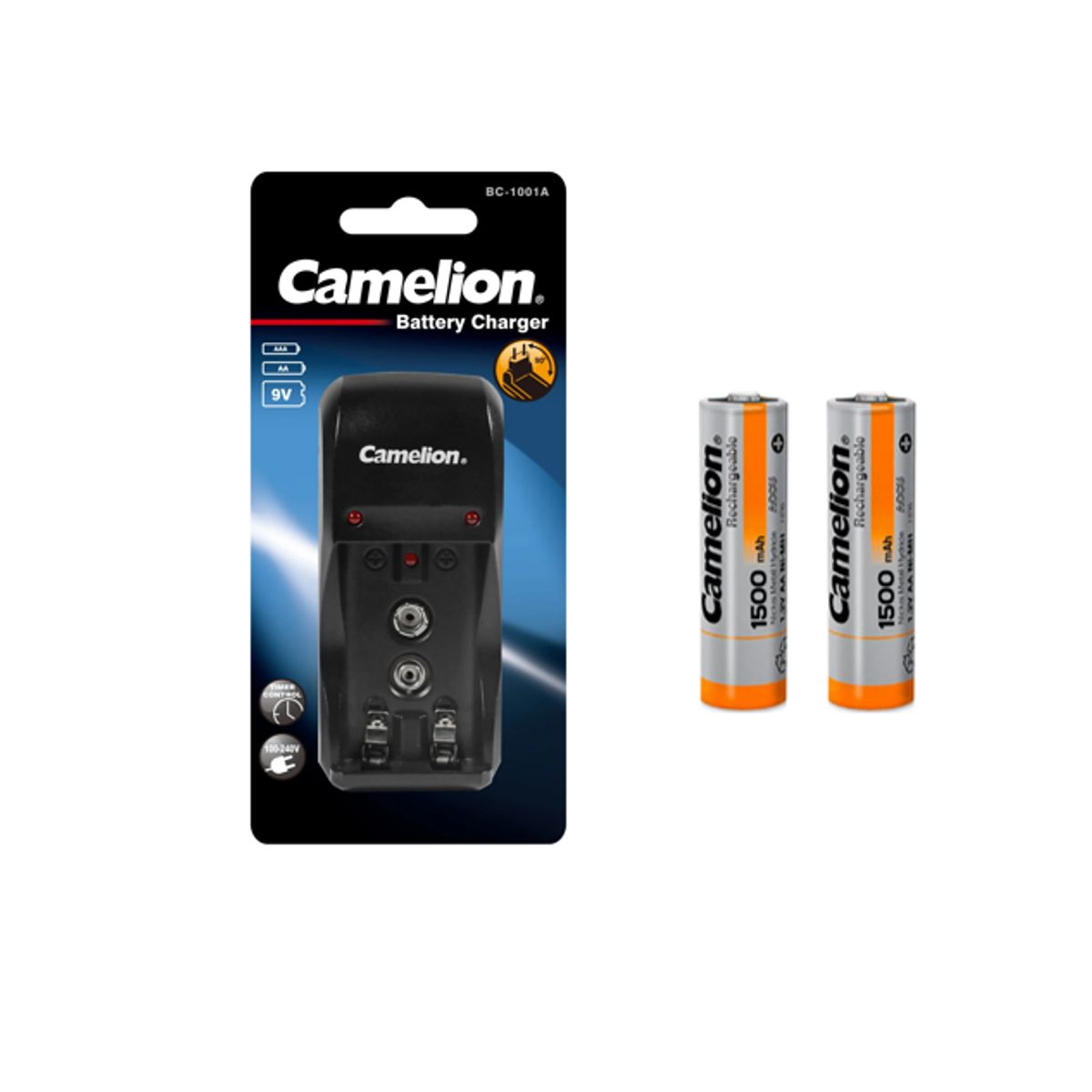 CAMELION - Cargador para 2xAA -2xAAA y 9v +2 Pilas Recargables de AA1500mah