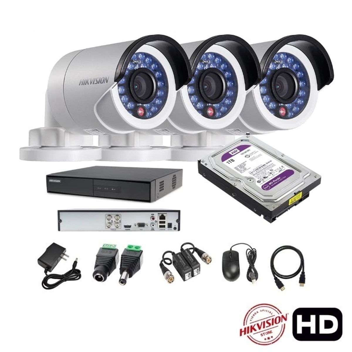 HIKVISION - kit 3 Cámaras Seguridad Tubo HD Hikvision 1tb