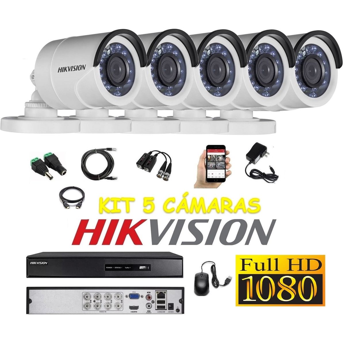 HIKVISION - kit 5 Cámaras Seguridad Tubo Exterior FULLHD Hikvision