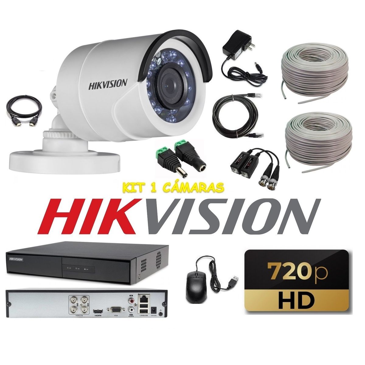 HIKVISION - kit 1 Cámaras Seguridad Tubo Exteriror HD Hikvision + Cable