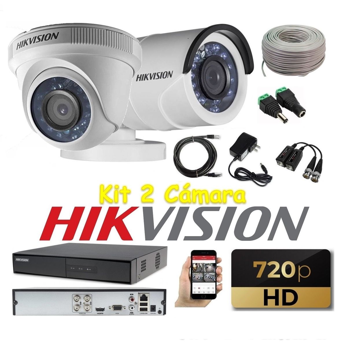 HIKVISION - kit 2 Cámaras Seguridad HD Hikvision + Cable