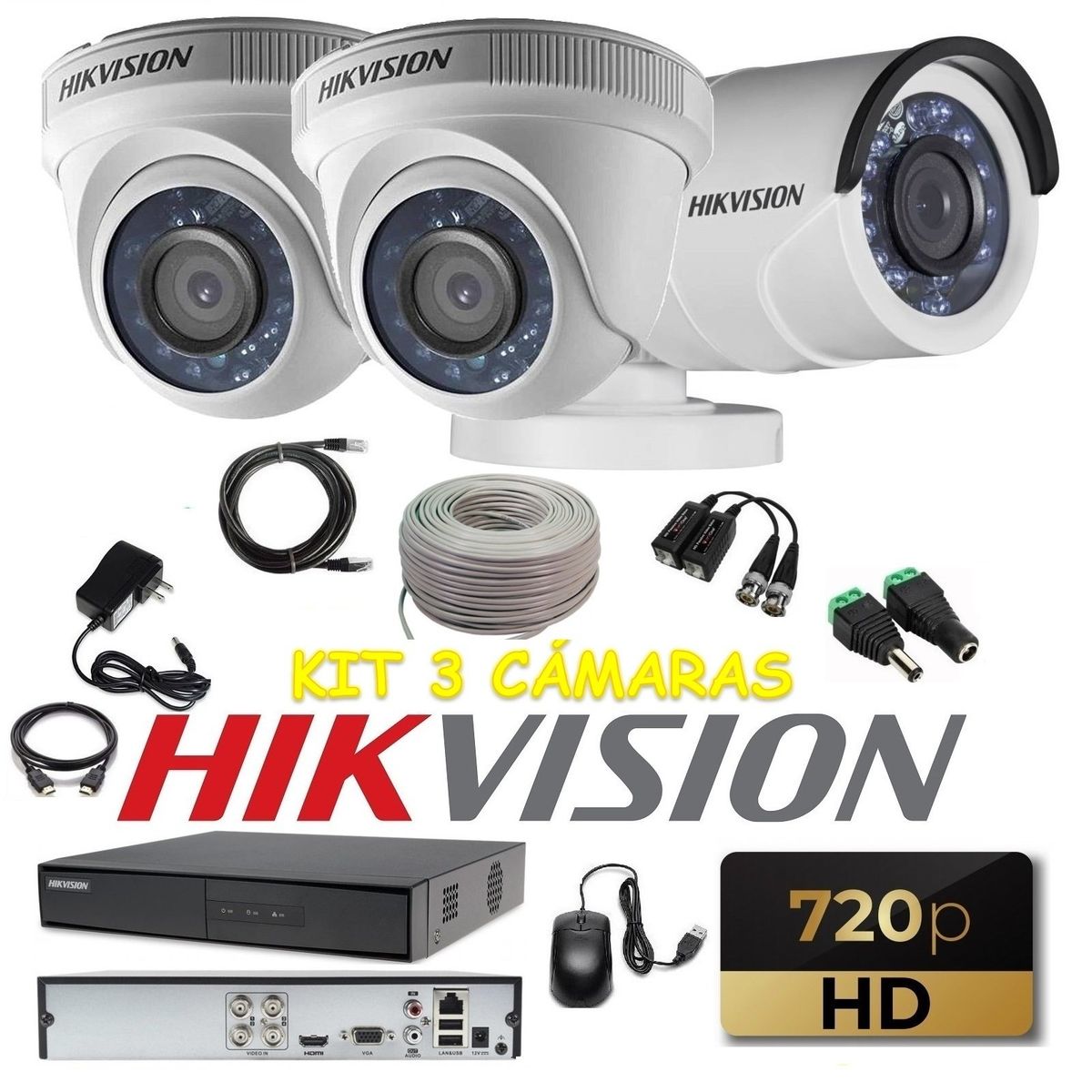 HIKVISION - kit 3 Cámaras Seguridad HD Hikvision + Cable