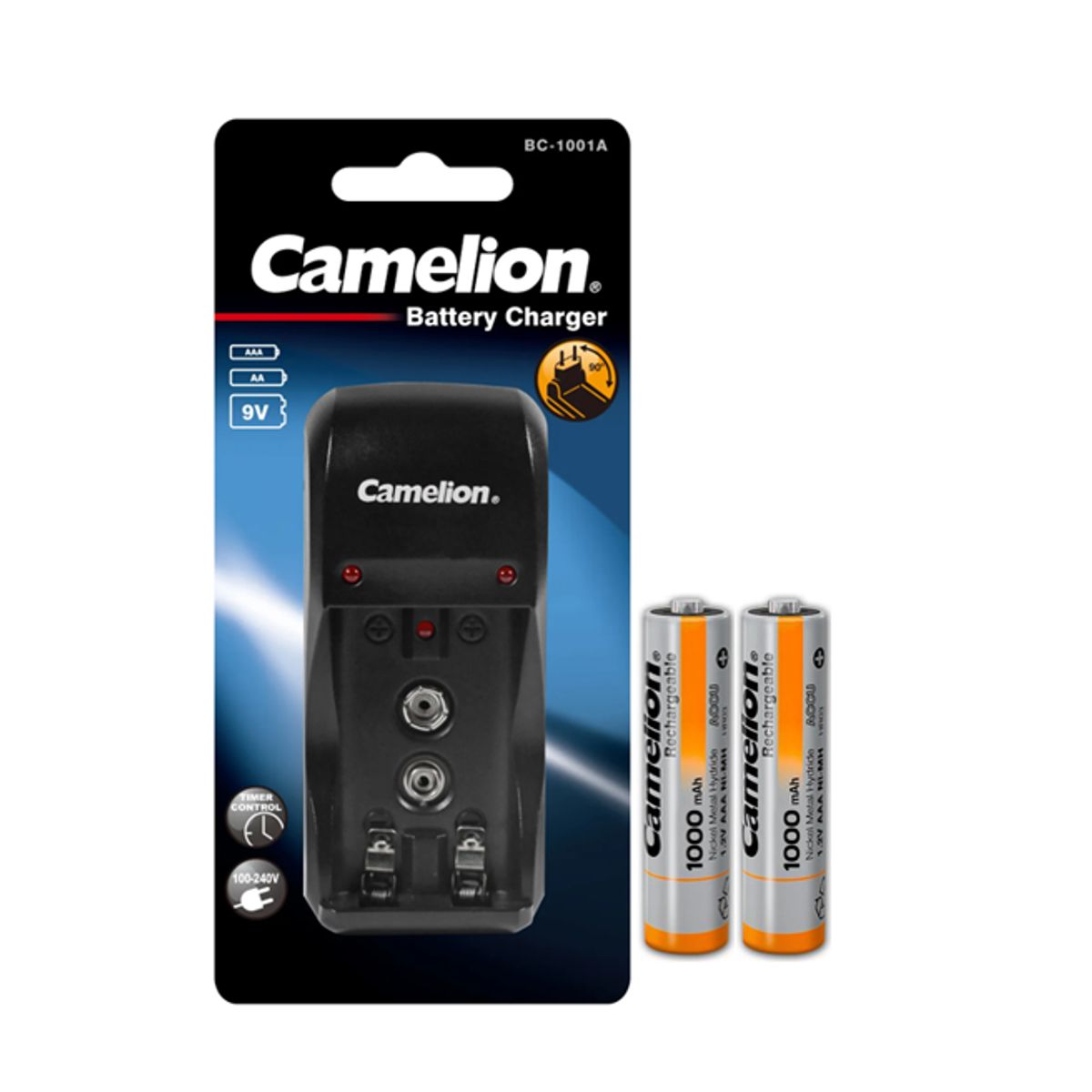CAMELION - Cargador para  2xAA -2xAAA y 9v +2 Pilas Recargables AAA de 1000mah