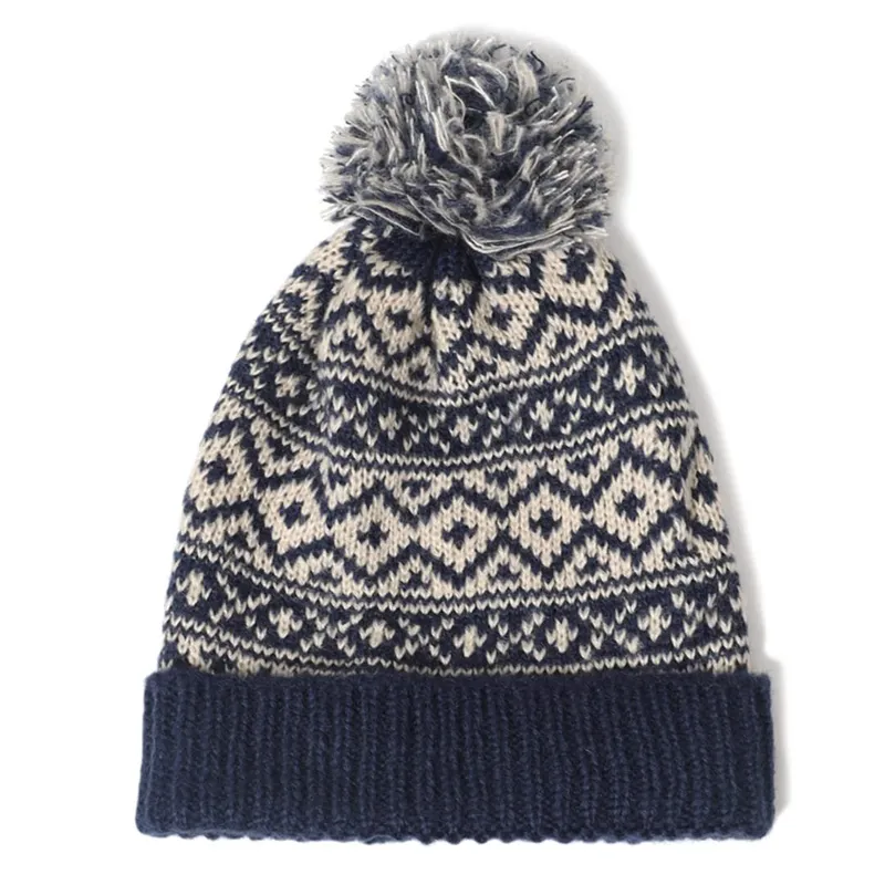 KAST PE - Gorro Beanie Bawei Azul Crema de Lana Suave con Pompon