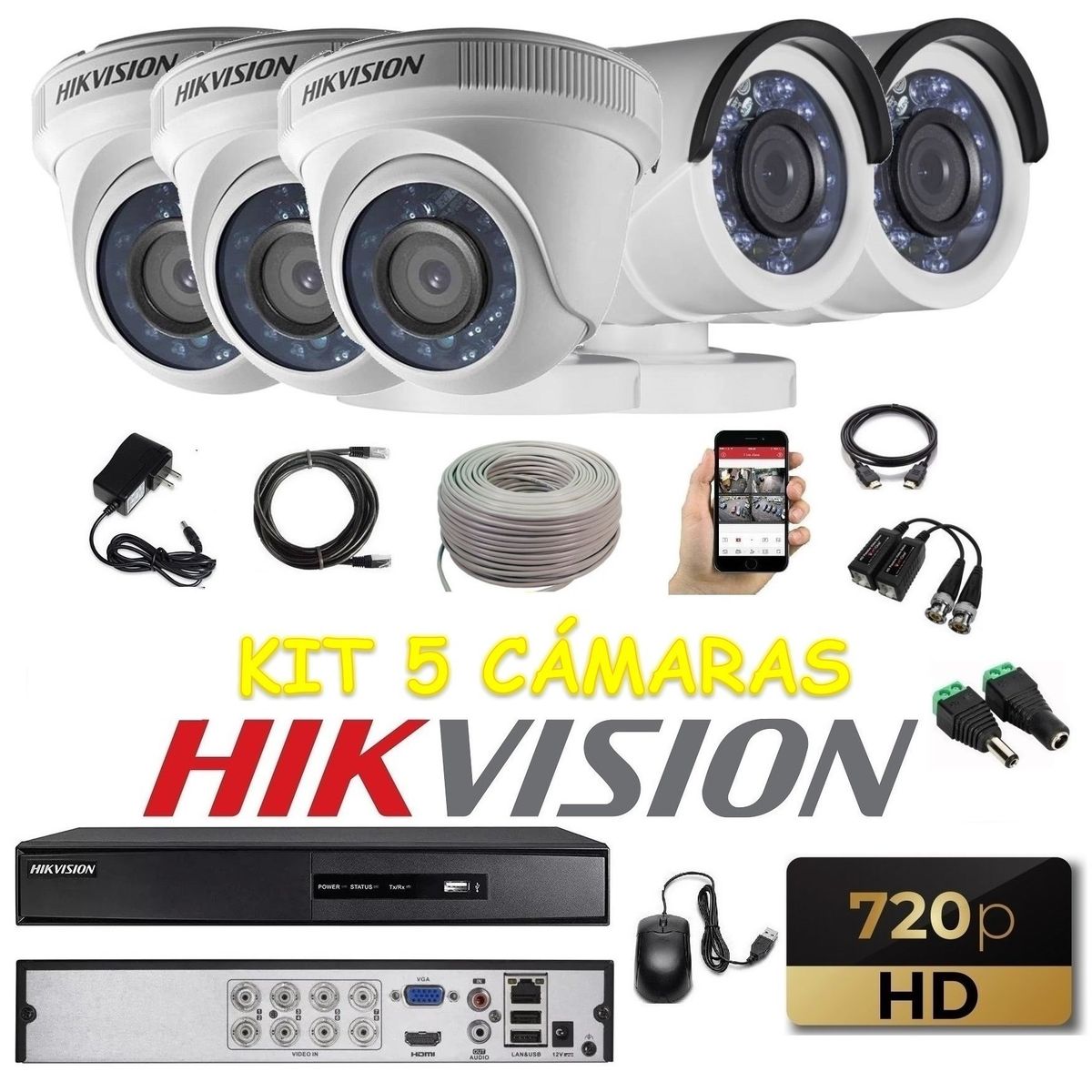 HIKVISION - kit 5 Cámaras Seguridad HD Hikvision + Cable