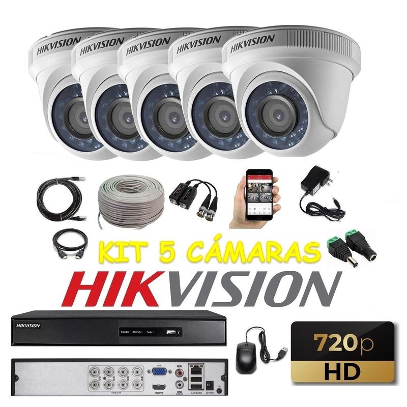 HIKVISION - kit 5 Cámaras Seguridad Domo Interior HD Hikvision + Cable