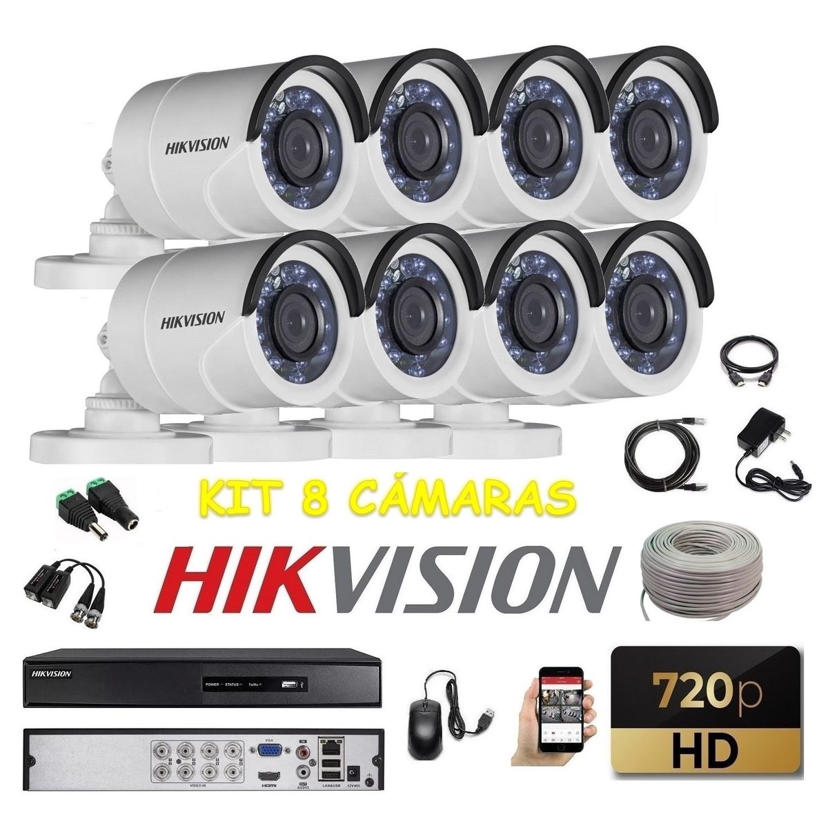 Hikvision - kit 8 Cámaras Seguridad Tubo Exterior HD Hikvision + Cable