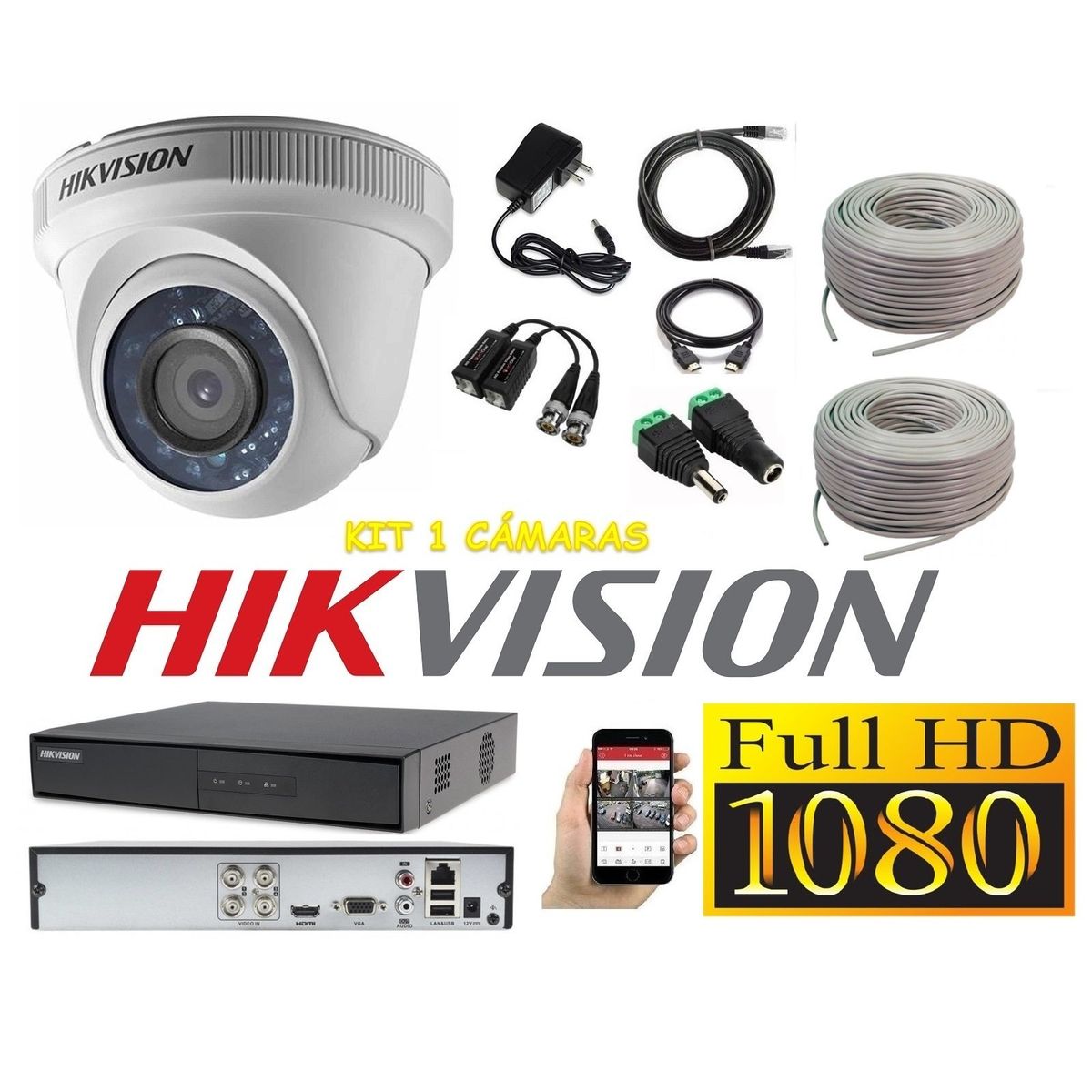 HIKVISION - kit 1 Cámaras Seguridad Domo Interior FULLHD Hikvision + Cable