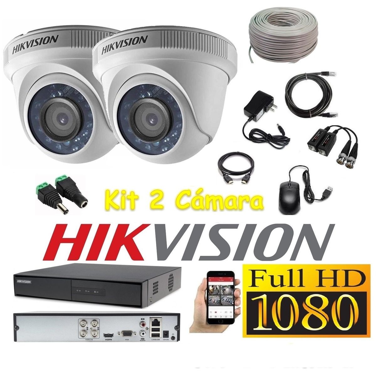 HIKVISION - kit 2 Cámaras Seguridad Domo interior FULLHD Hikvision + Cable