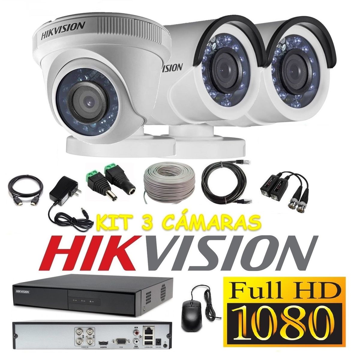 HIKVISION - kit 3 Cámaras Seguridad FULLHD 1080p Hikvision + Cable