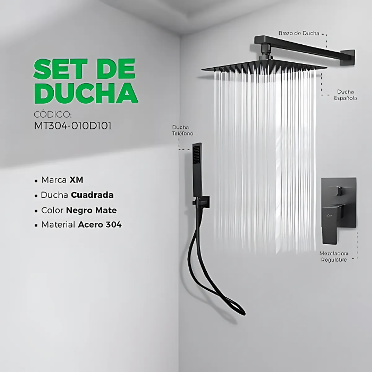 XM - MEZCLADORA DE DUCHA Y TELEFONO CUADRADO NEGRO MT304-010D101