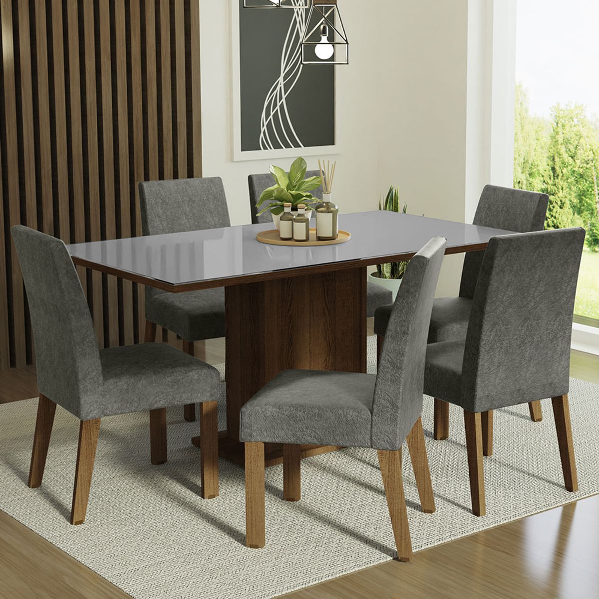 MADESA - Juego de Comedor Alexis con 6 Sillas - Tablero de Madera y Cristal