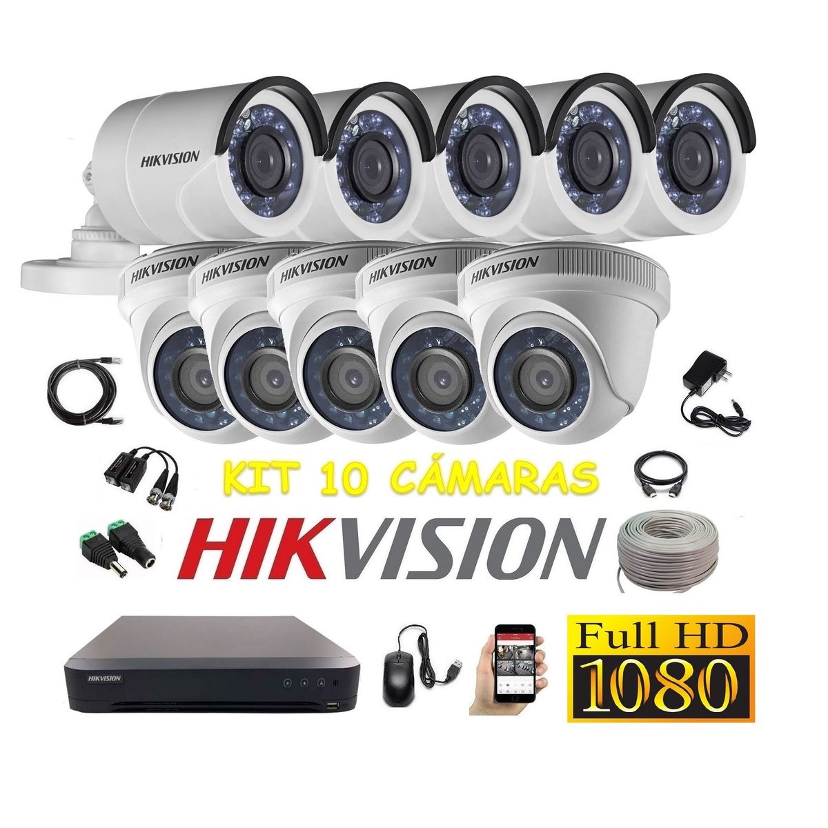 HIKVISION - kit 10 Cámaras Seguridad FULLHD Hikvision + Cable