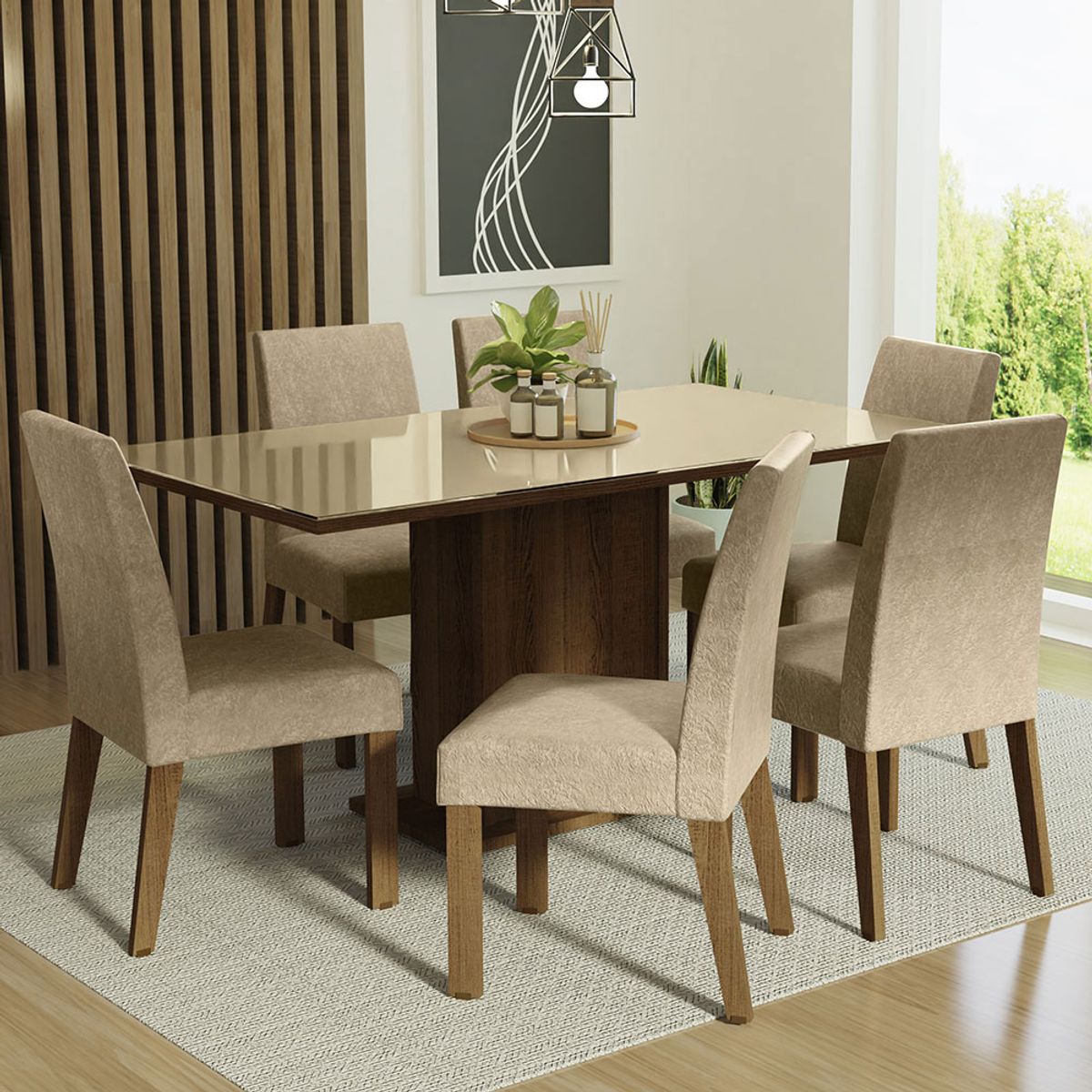 MADESA - Juego de Comedor Alexis con 6 Sillas - Tablero de Madera y Cristal