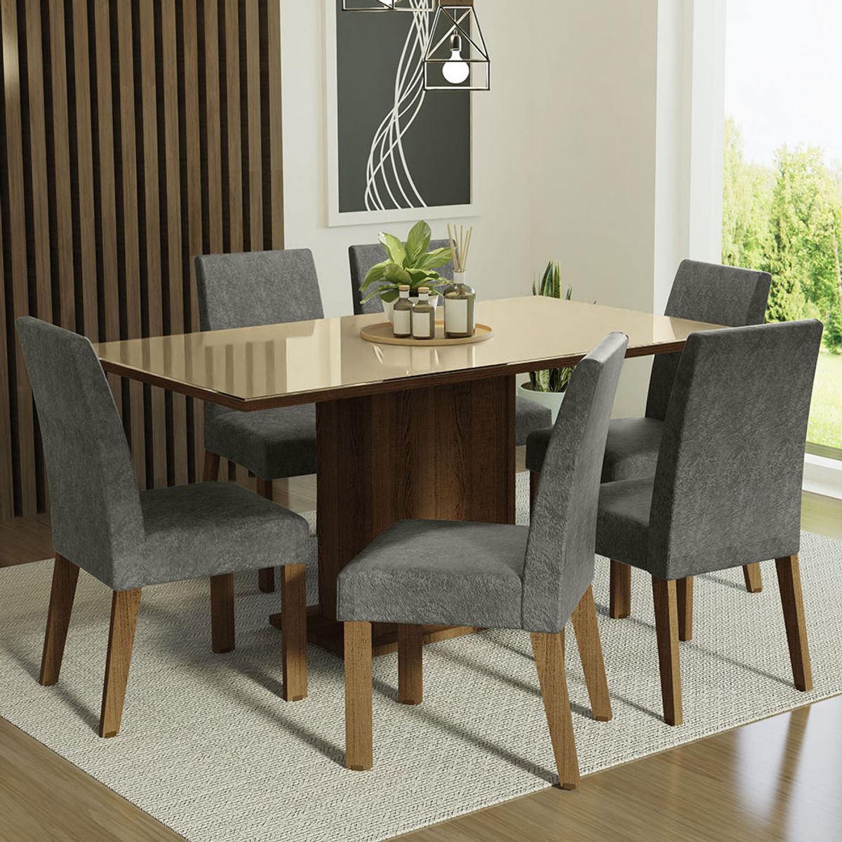 MADESA - Juego de Comedor Alexis con 6 Sillas - Tablero de Madera y Cristal