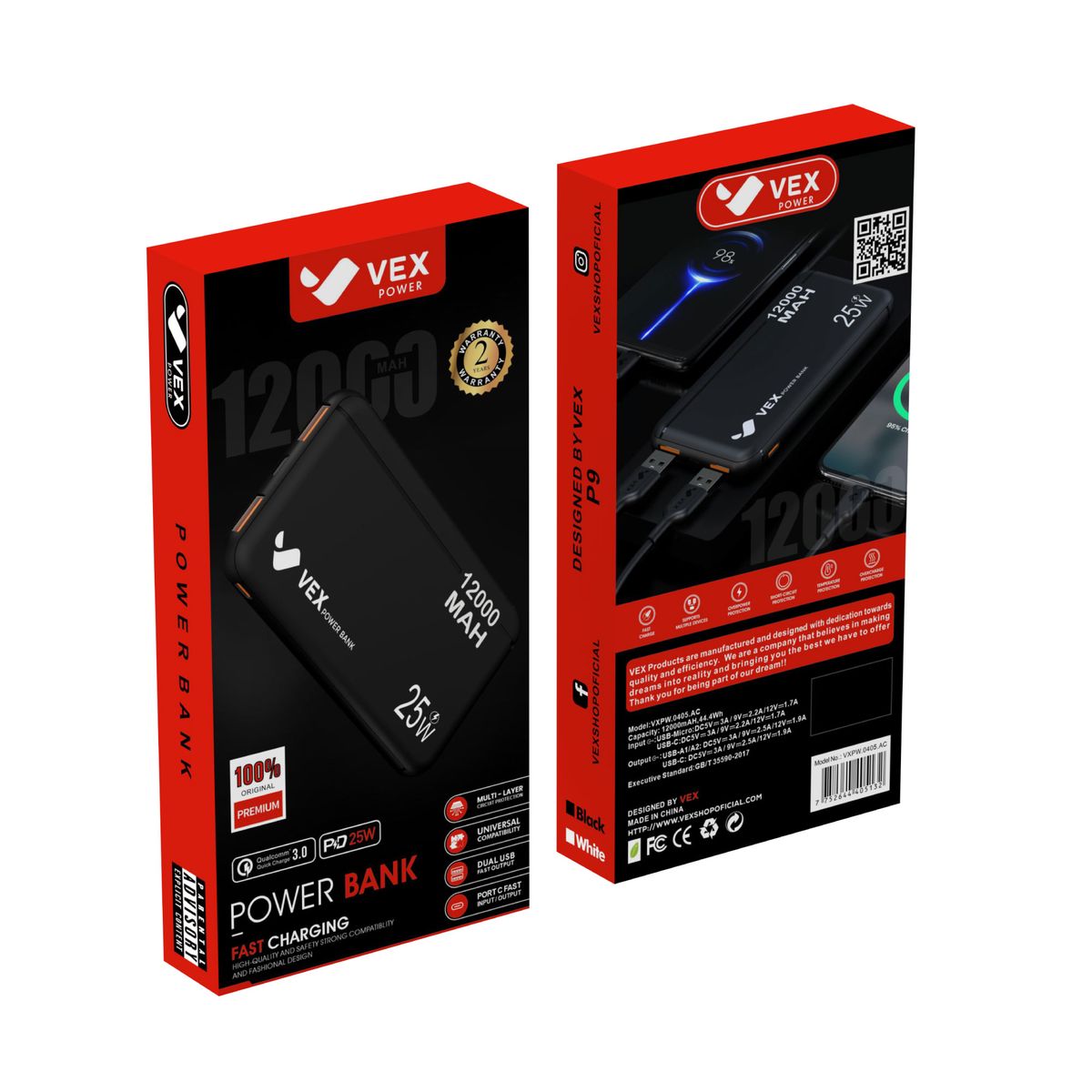 VEX - Batería Externa Cargador Portátil 12000 mAh Power Bank Vex - Blanco