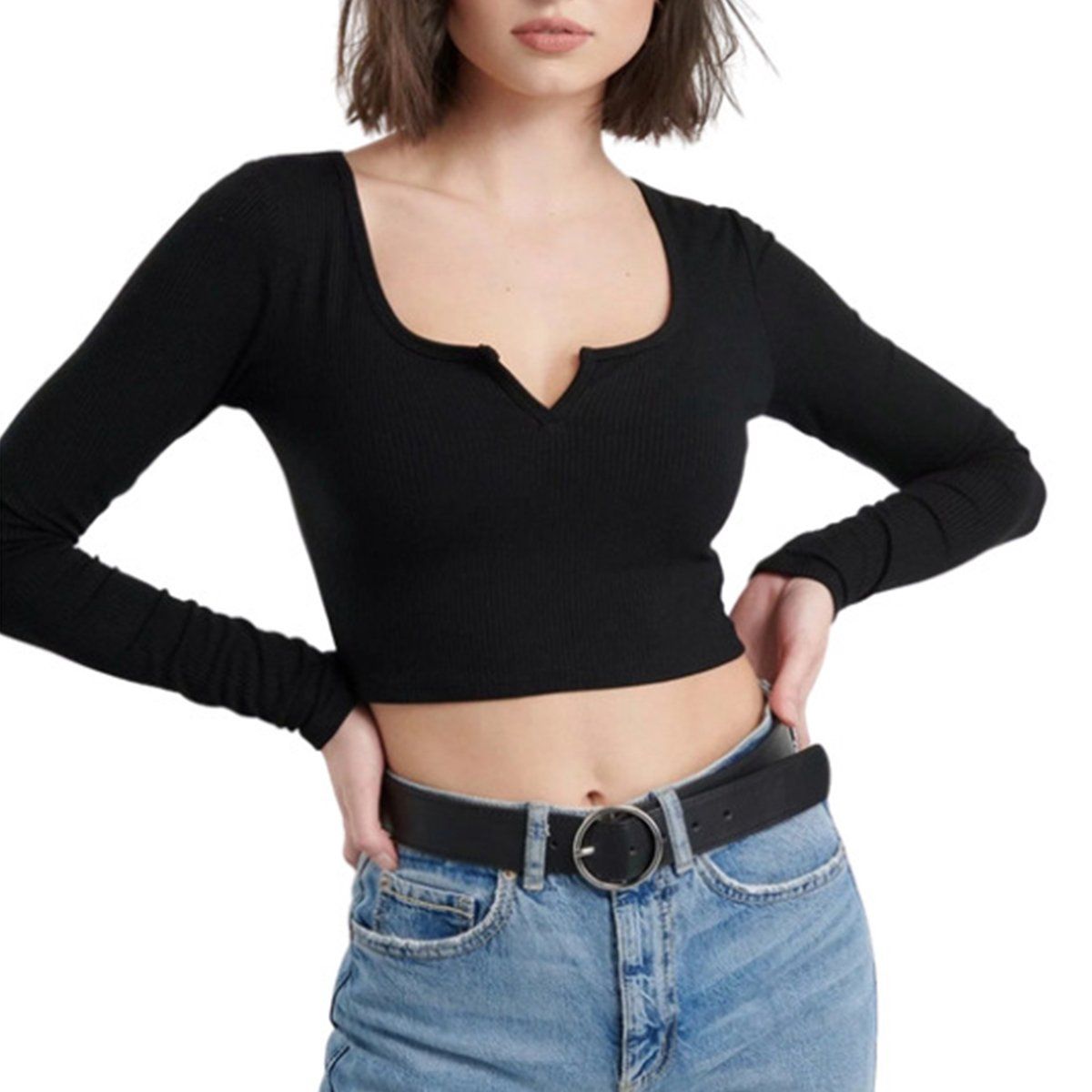 ZIMRAHYG - Camiseta Larga Ajustada Crop Top Color Liso De Moda Mujer