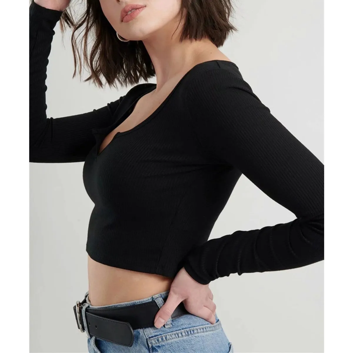 ZIMRAHYG - Camiseta Larga Ajustada Crop Top Color Liso De Moda Mujer