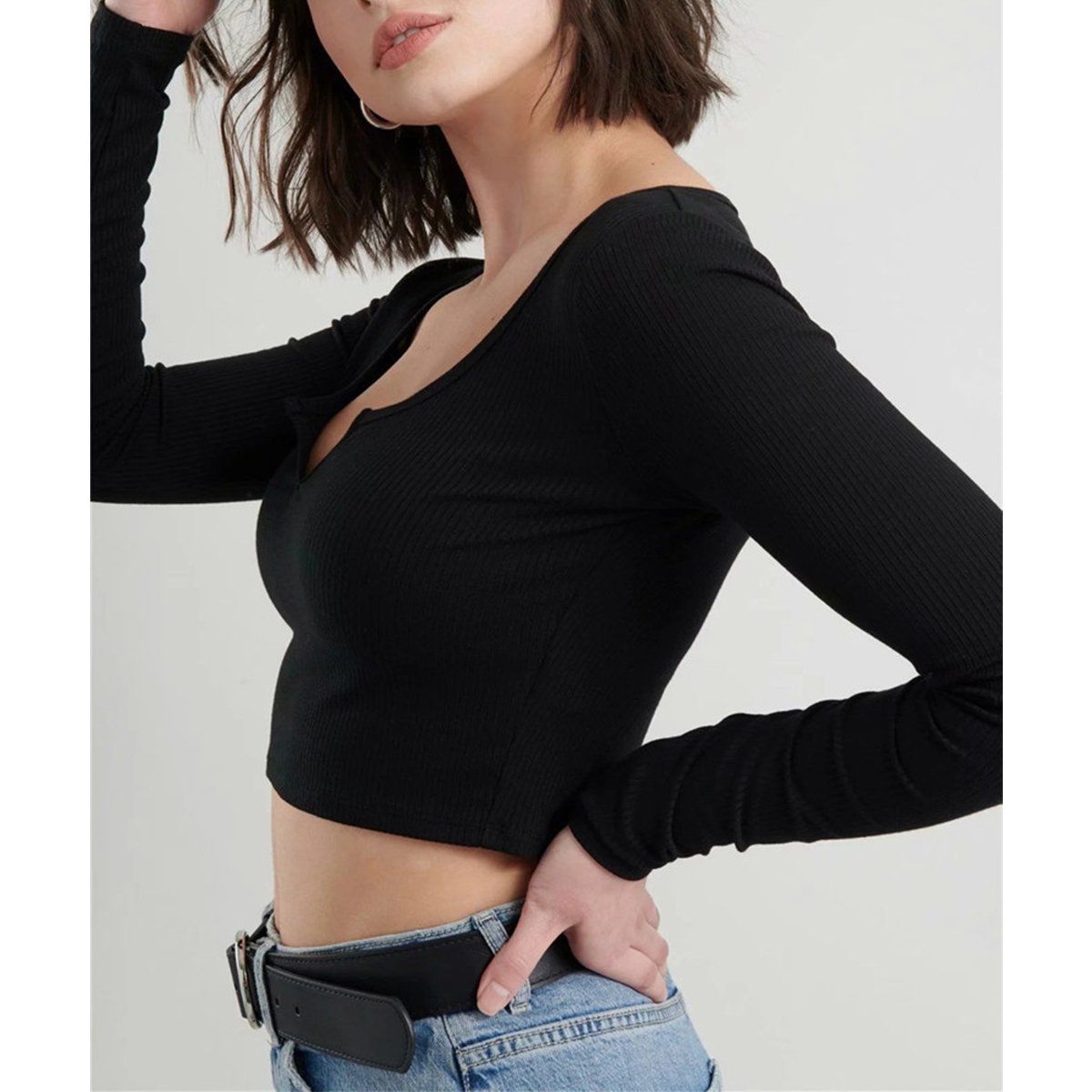 ZIMRAHYG - Camiseta Larga Ajustada Crop Top Color Liso De Moda Mujer