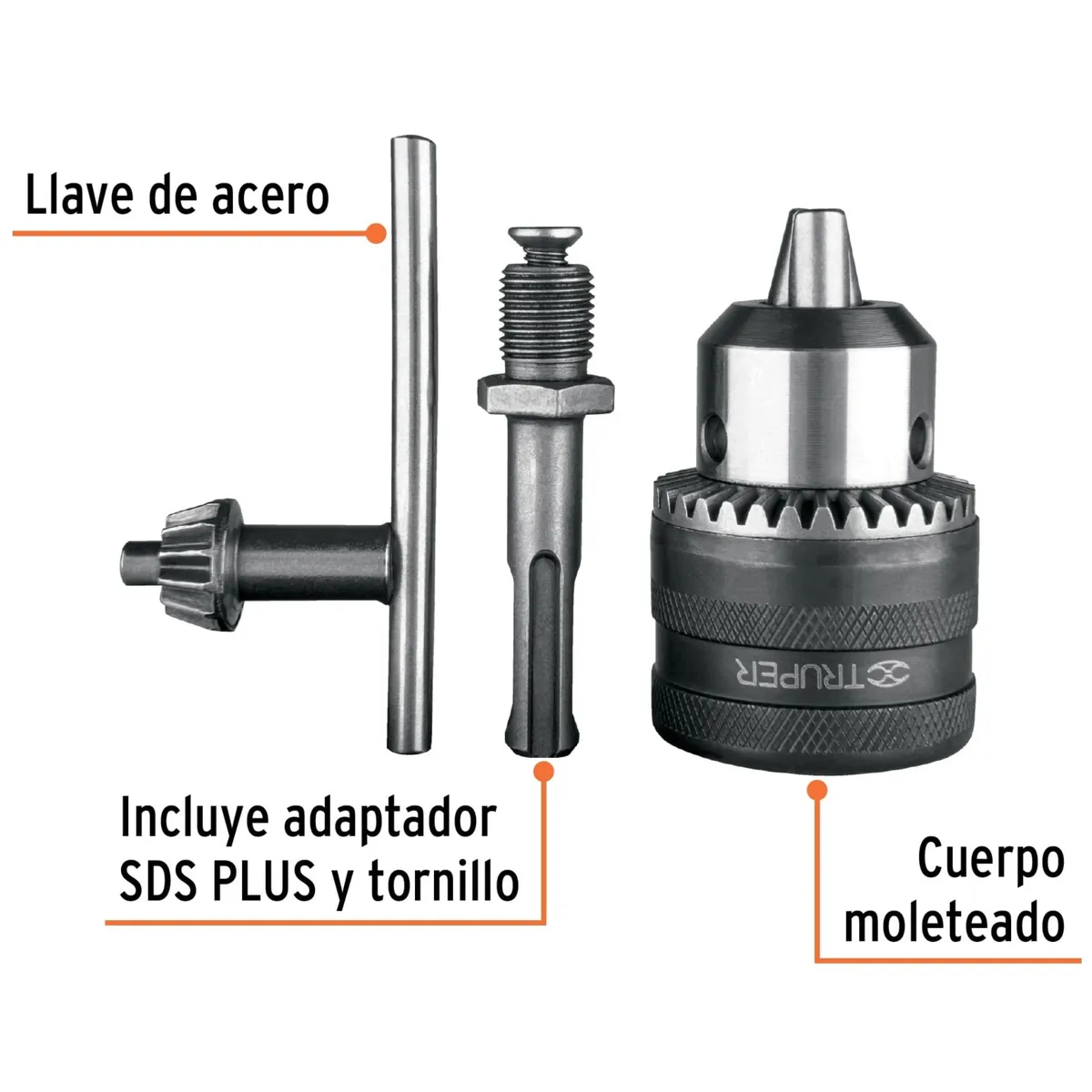 TRUPER - kit mandril broquero con llave y adaptador para taladro SDS Plus