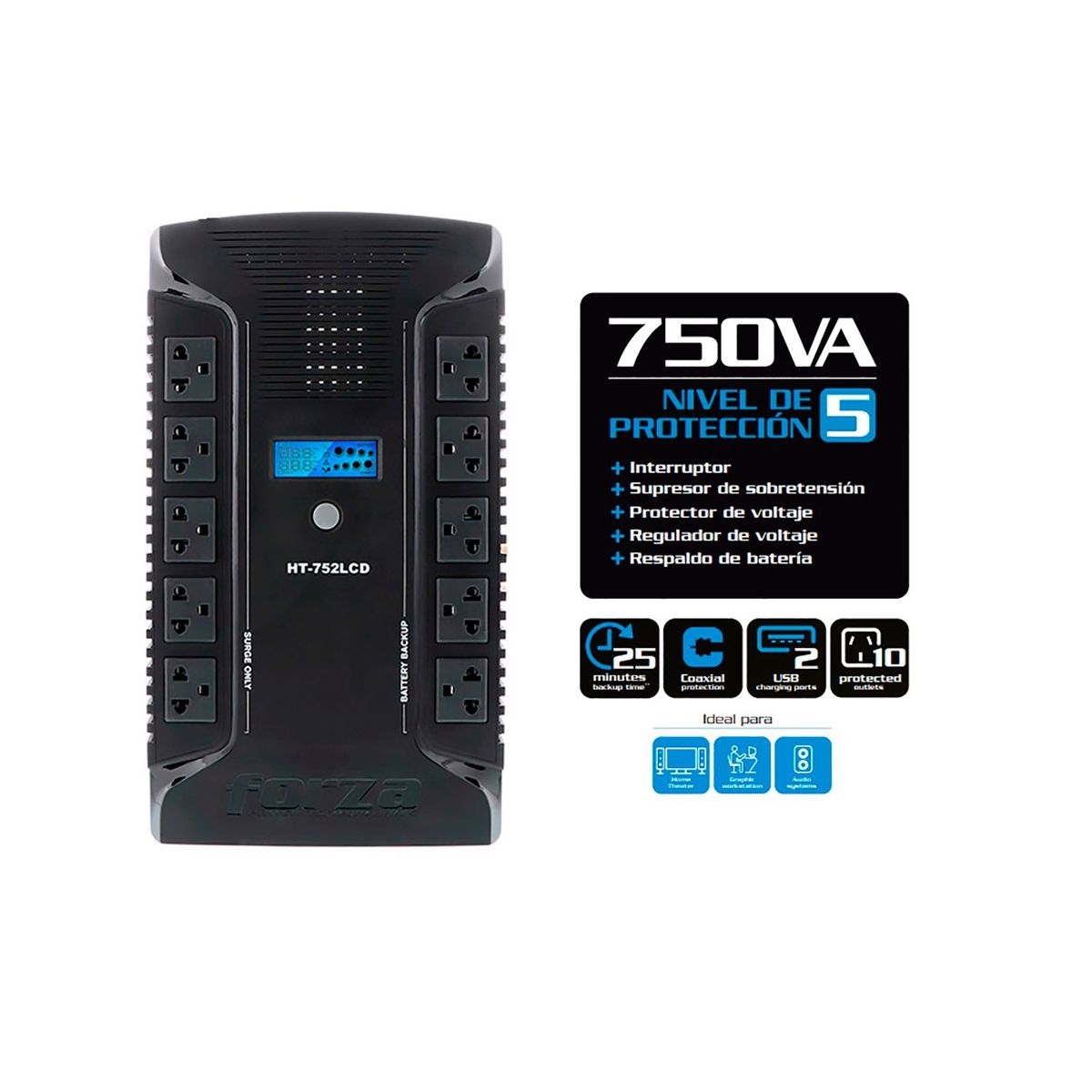 FORZA - UPS forza Ht-752lcd 750va/450w 10 salidas Universal 2 Usb