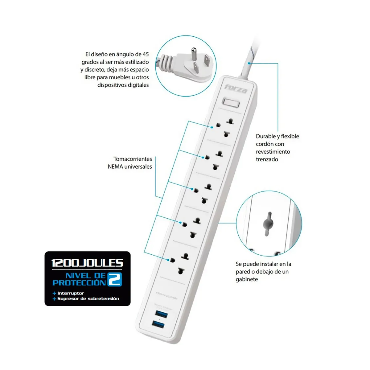 FORZA - Protector tensión 1200J/1540W Fsp-512usbw Forza blanco