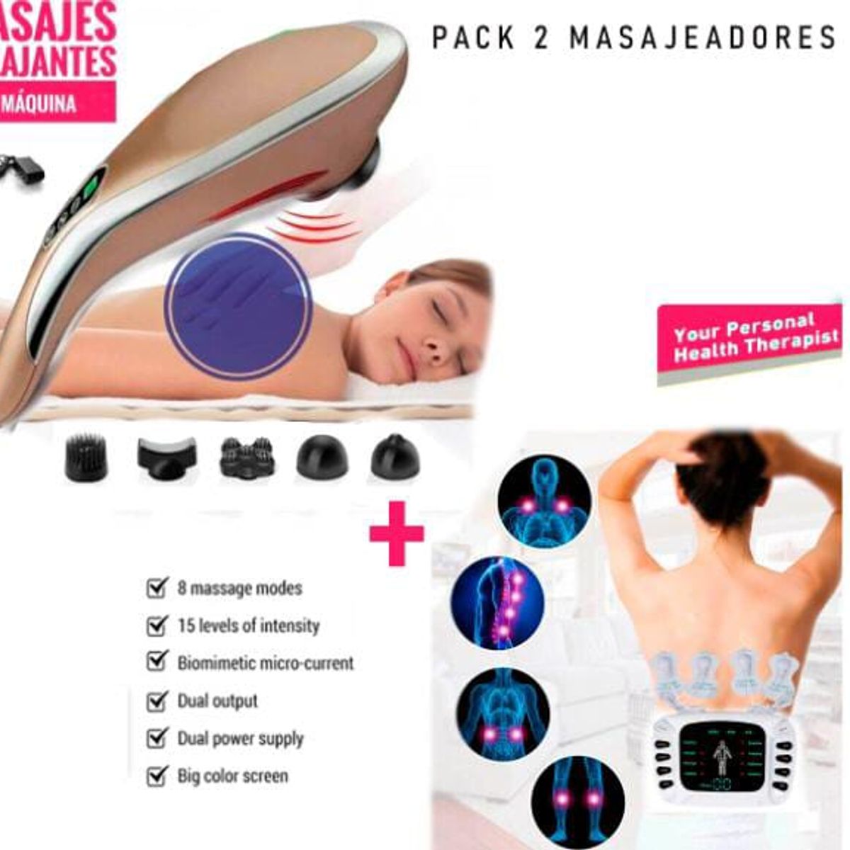 GENERICO - Masajeador Eléctrico Corporal Descontracturante con 4 Cabezales