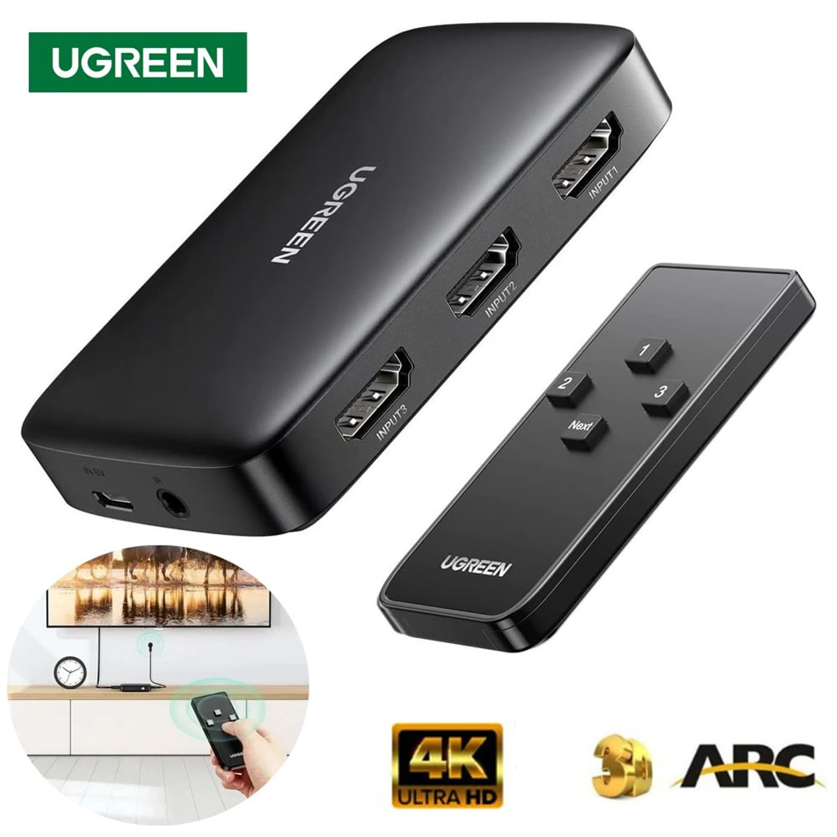 UGREEN - Switch HDMI 3 Puertos 4K 30Hz 3D HDR UGREEN con control HDCP 1.4