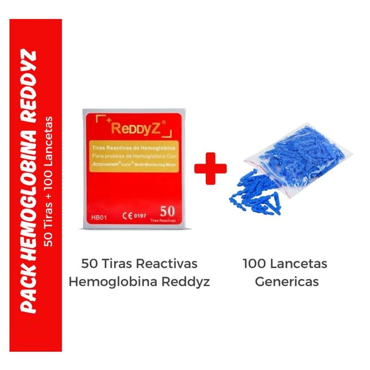 GENERICO - Pack de 50 Tiras Hemoglobina Reddyz y 100 Lancetas Genéricas