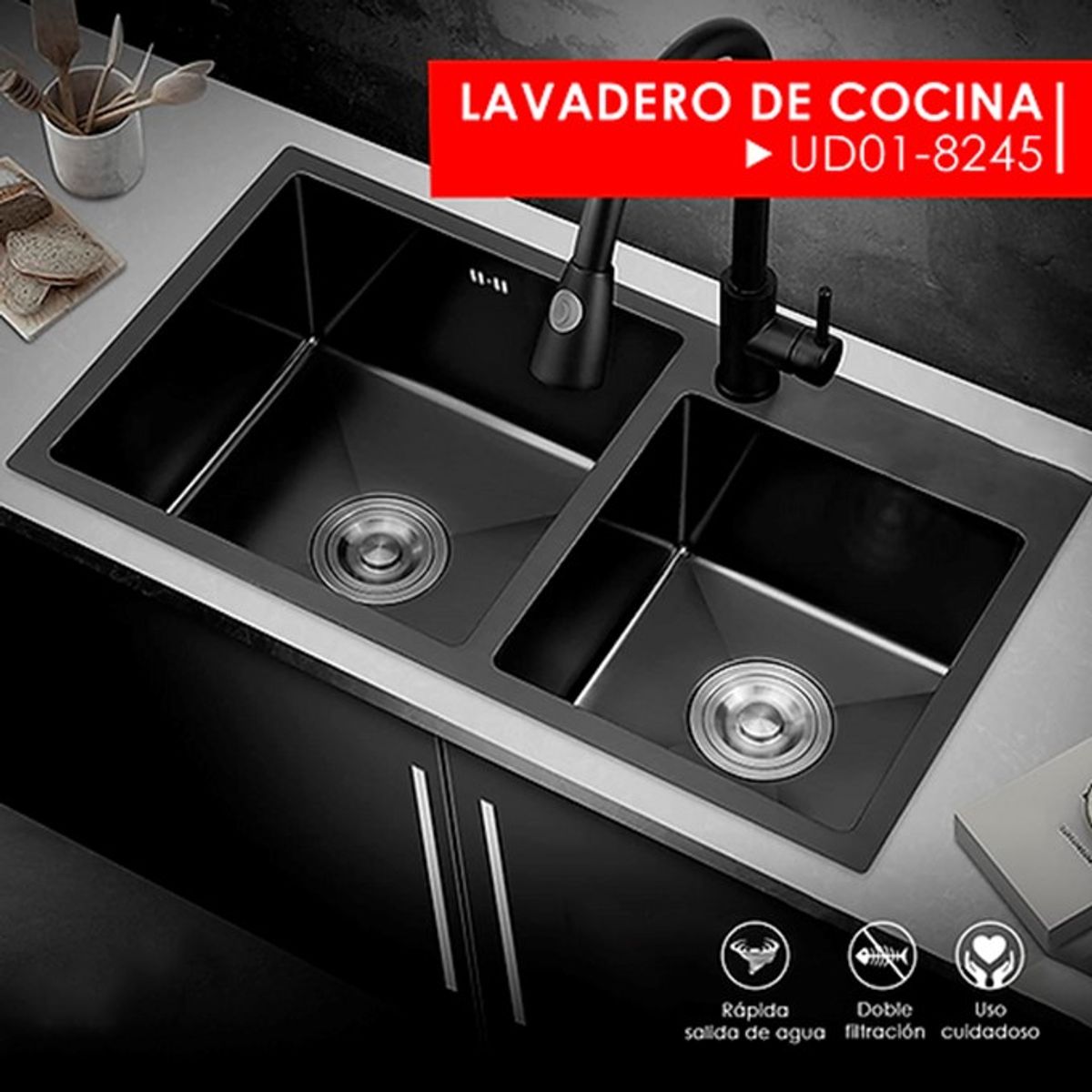 XM - LAVADERO DE COCINA 2 POZAS NEGRO UD01-8245