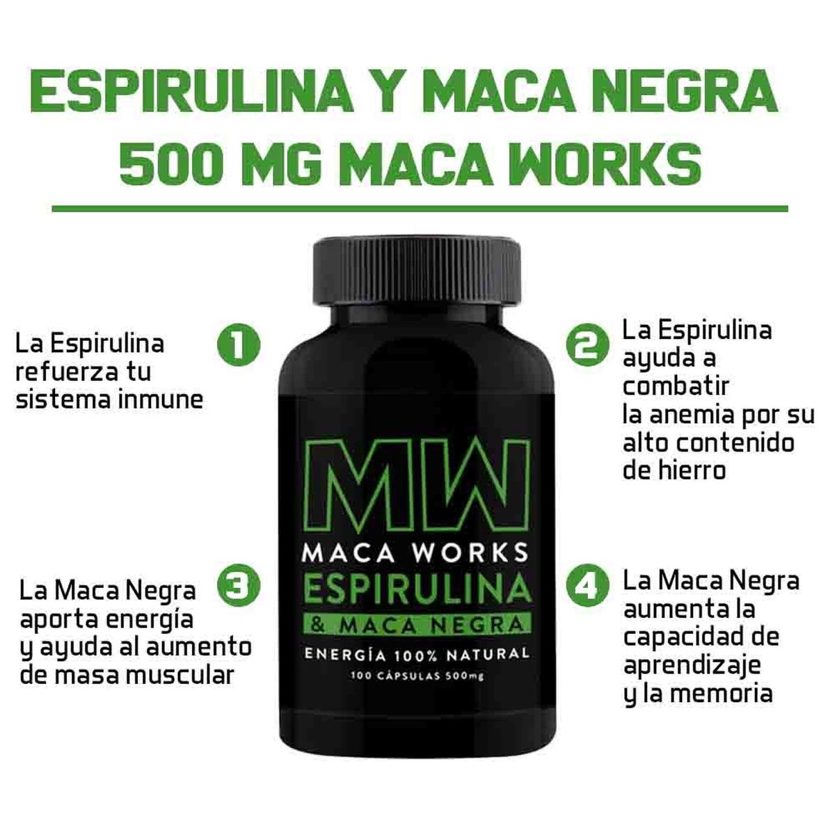 MACA WORKS - Espirulina y Maca Negra 500 mg Maca Works Pack x 2
