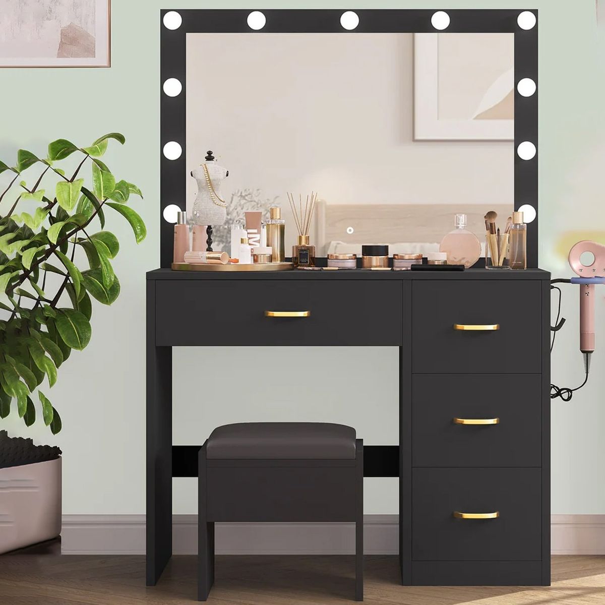 VENTITAS HOME - Tocador + Banco + Espejo Lindsay Ventitas Home Color Negro