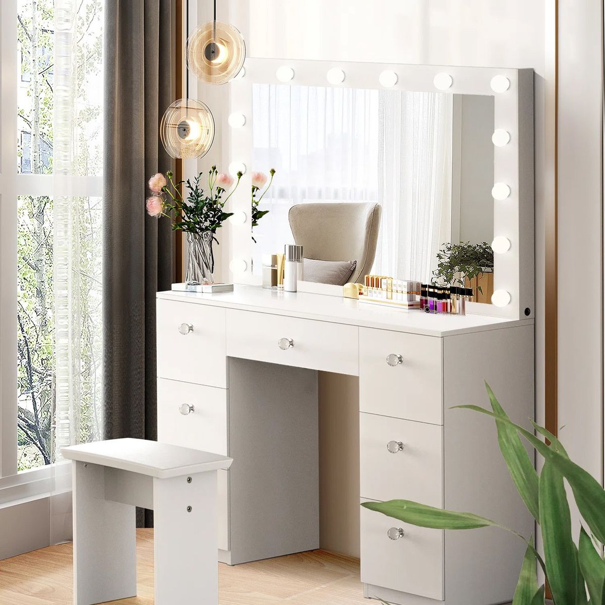 VENTITAS HOME - Tocador + Espejo + Banco Rosemary Ventitas Home Color Blanco