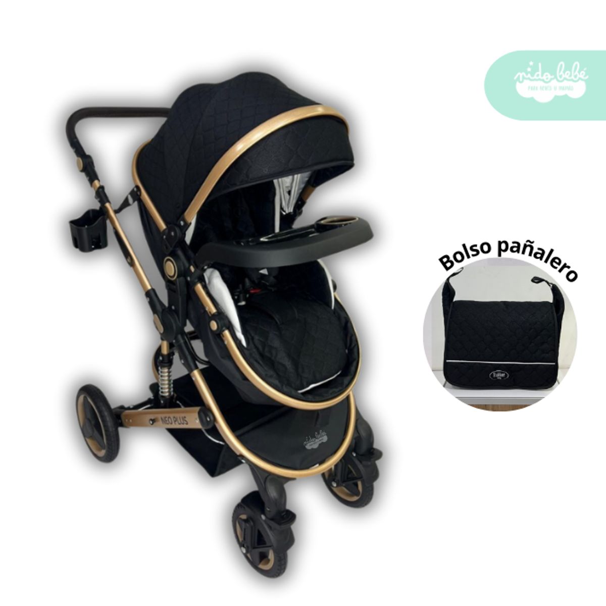 GENERICO - Coche Cuna Moises con Bolso Pañalero Neo Plus Black
