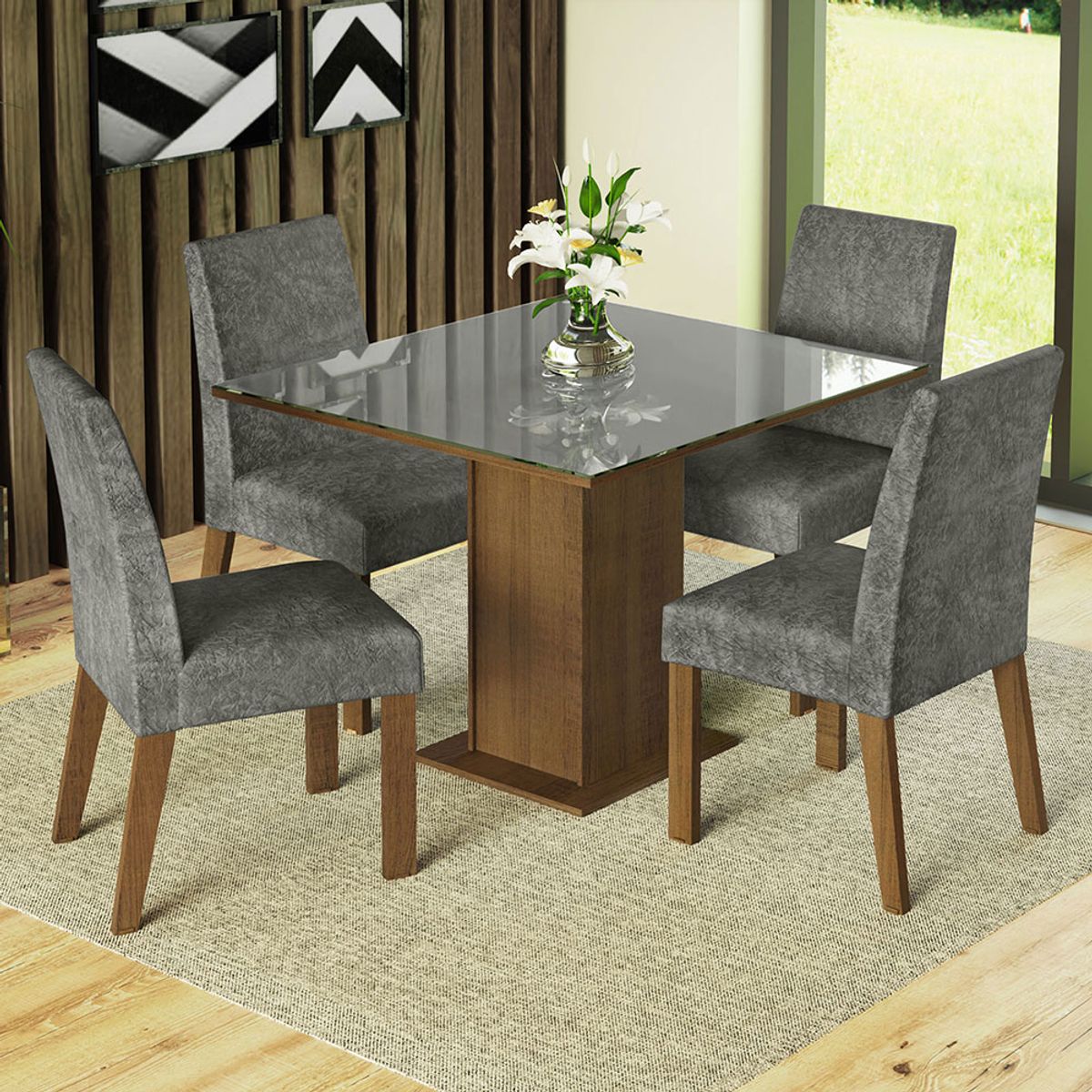 MADESA - Juego de Comedor Anne con 4 Sillas - Tablero de Madera y Cristal