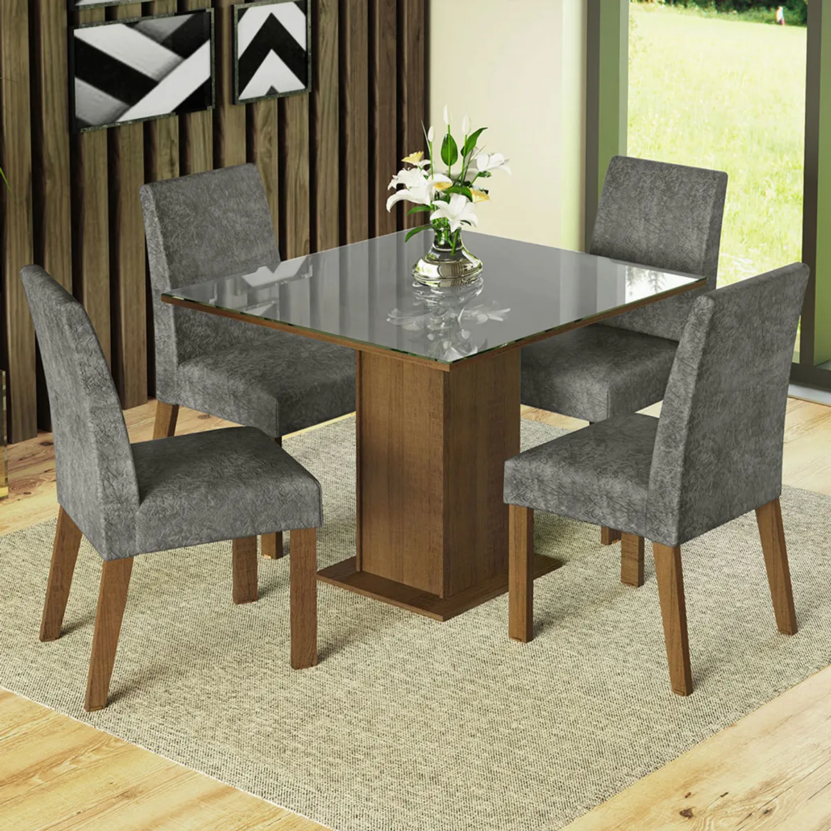 MADESA - Juego de Comedor Anne con 4 Sillas - Tablero de Madera y Cristal