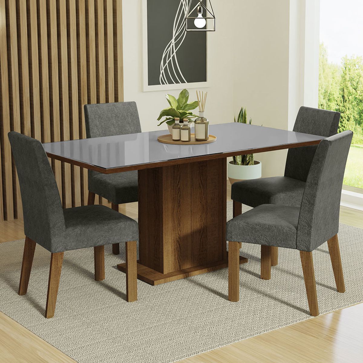 MADESA - Juego de Comedor Avril con 4 Sillas - Tablero de Madera y Cristal