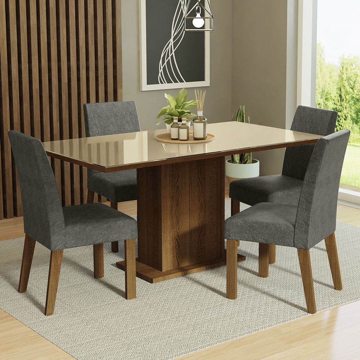 MADESA - Juego de Comedor Avril con 4 Sillas - Tablero de Madera y Cristal