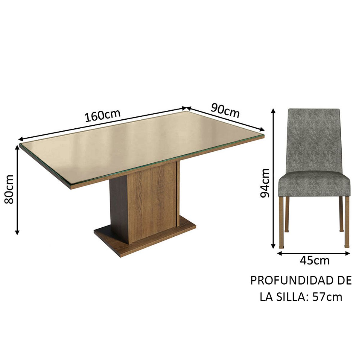 MADESA - Juego de Comedor Avril con 4 Sillas - Tablero de Madera y Cristal