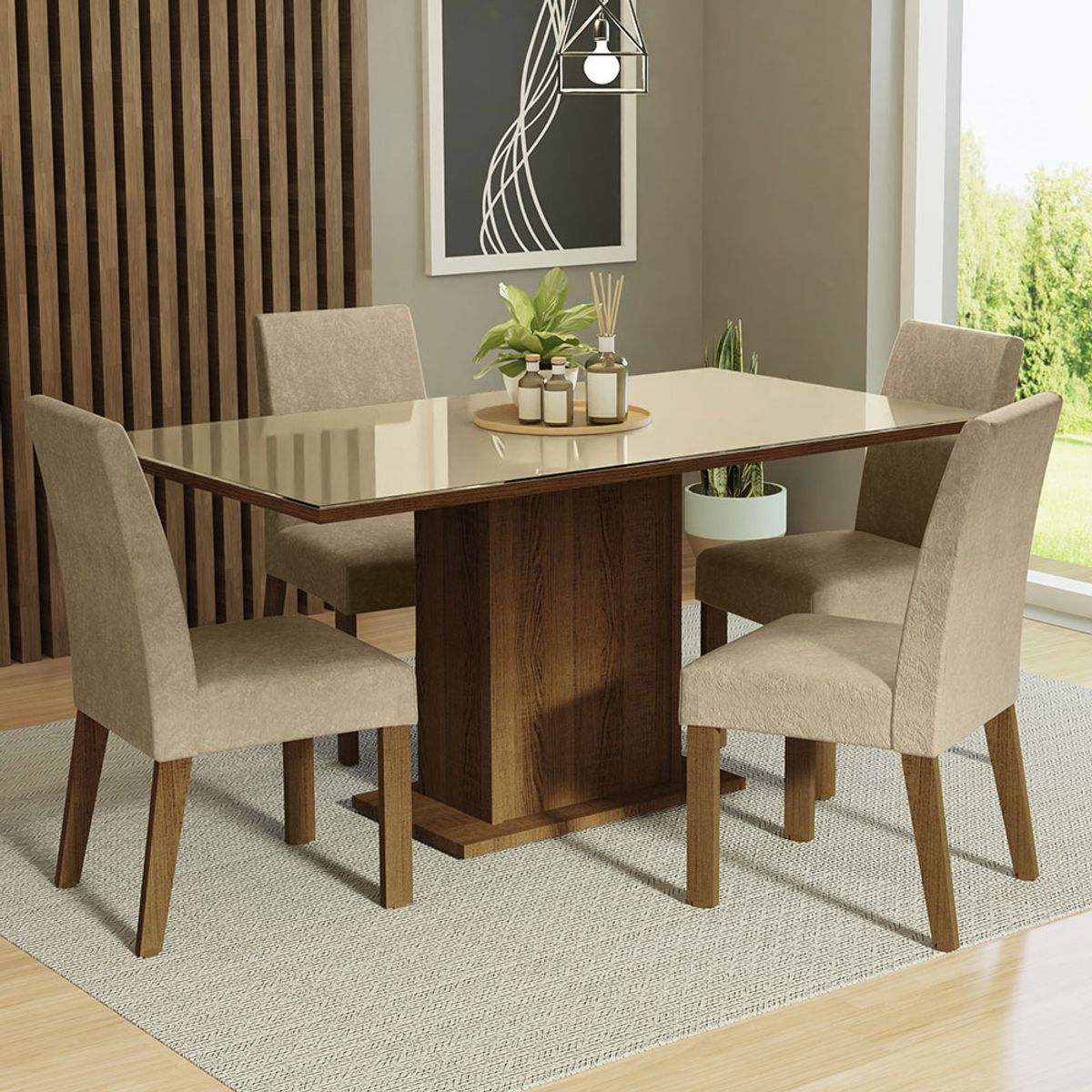 MADESA - Juego de Comedor Avril con 4 Sillas - Tablero de Madera y Cristal