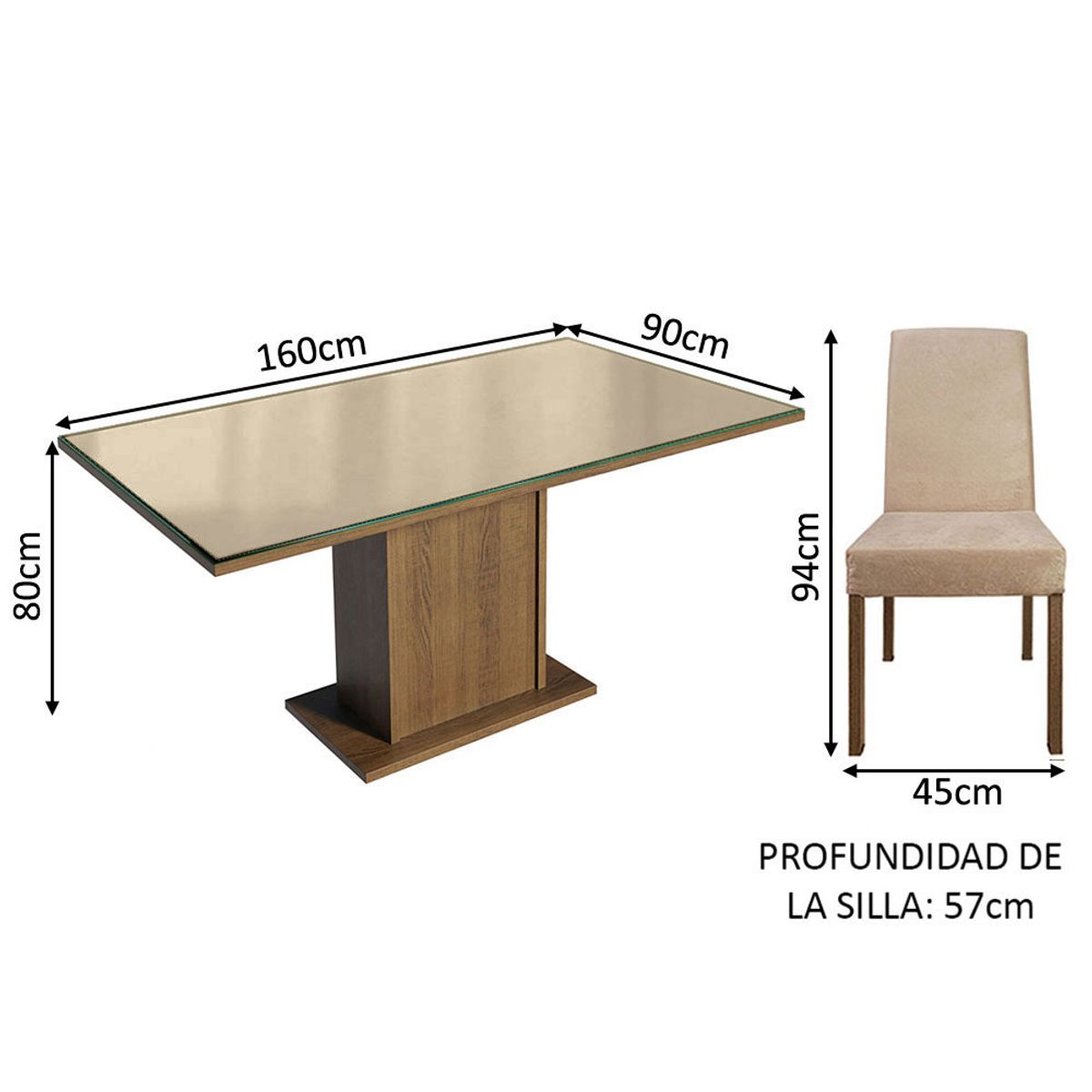 MADESA - Juego de Comedor Avril con 4 Sillas - Tablero de Madera y Cristal