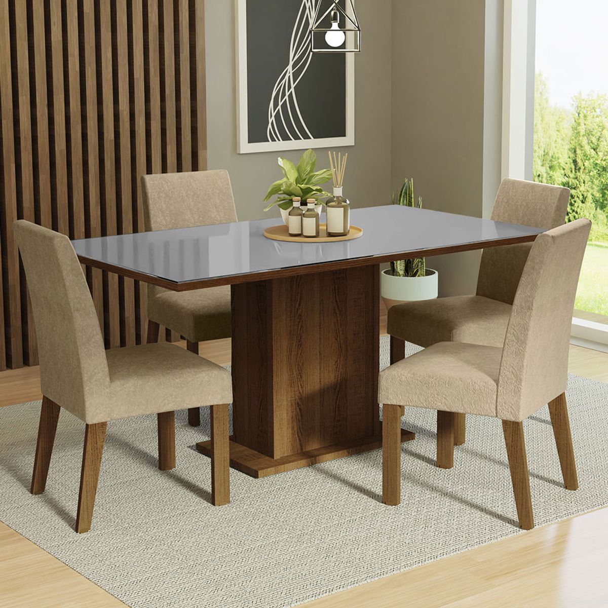 MADESA - Juego de Comedor Avril con 4 Sillas - Tablero de Madera y Cristal