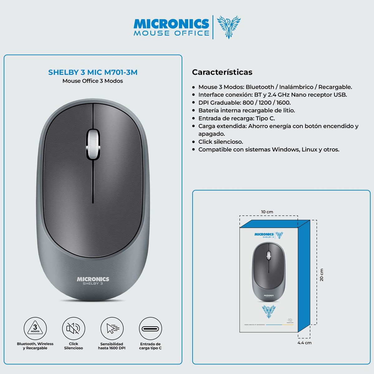 MICRONICS - Mouse Shelby 3 MIC M701- 3M Bluetooth Inalambrico Recargable Micronics