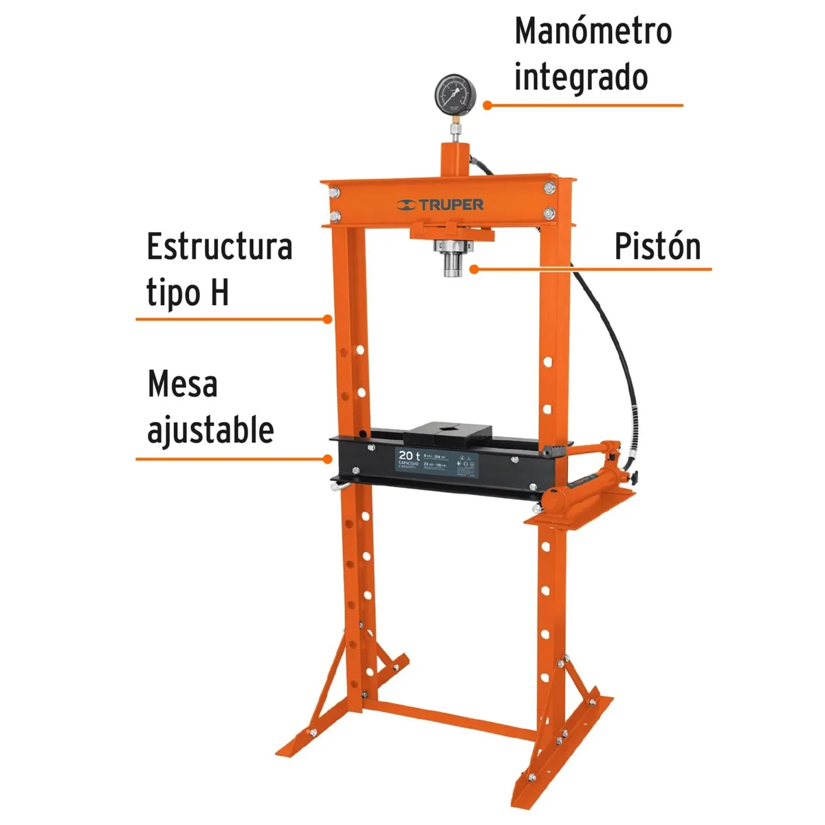 TRUPER - Prensa hidráulica tipo H de 20 toneladas con pistón, Truper