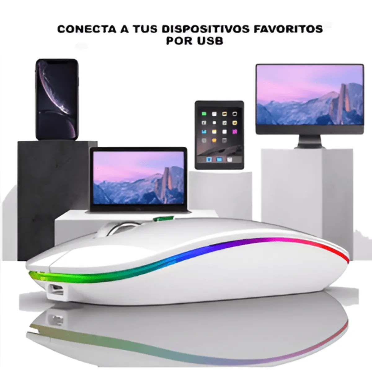 GENERICO - Mouse Inalámbrico Recargable Dual Bluetooth RGB - BLANCO