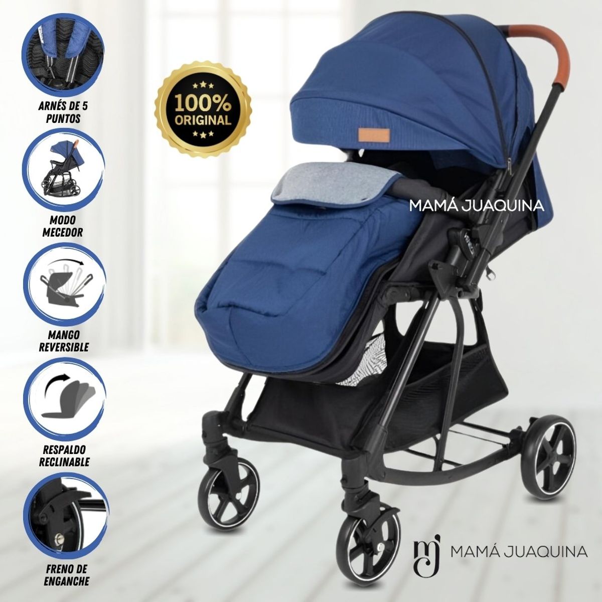 BABY - Coche Mecedora «VENICE» con Mango Reversible Blue