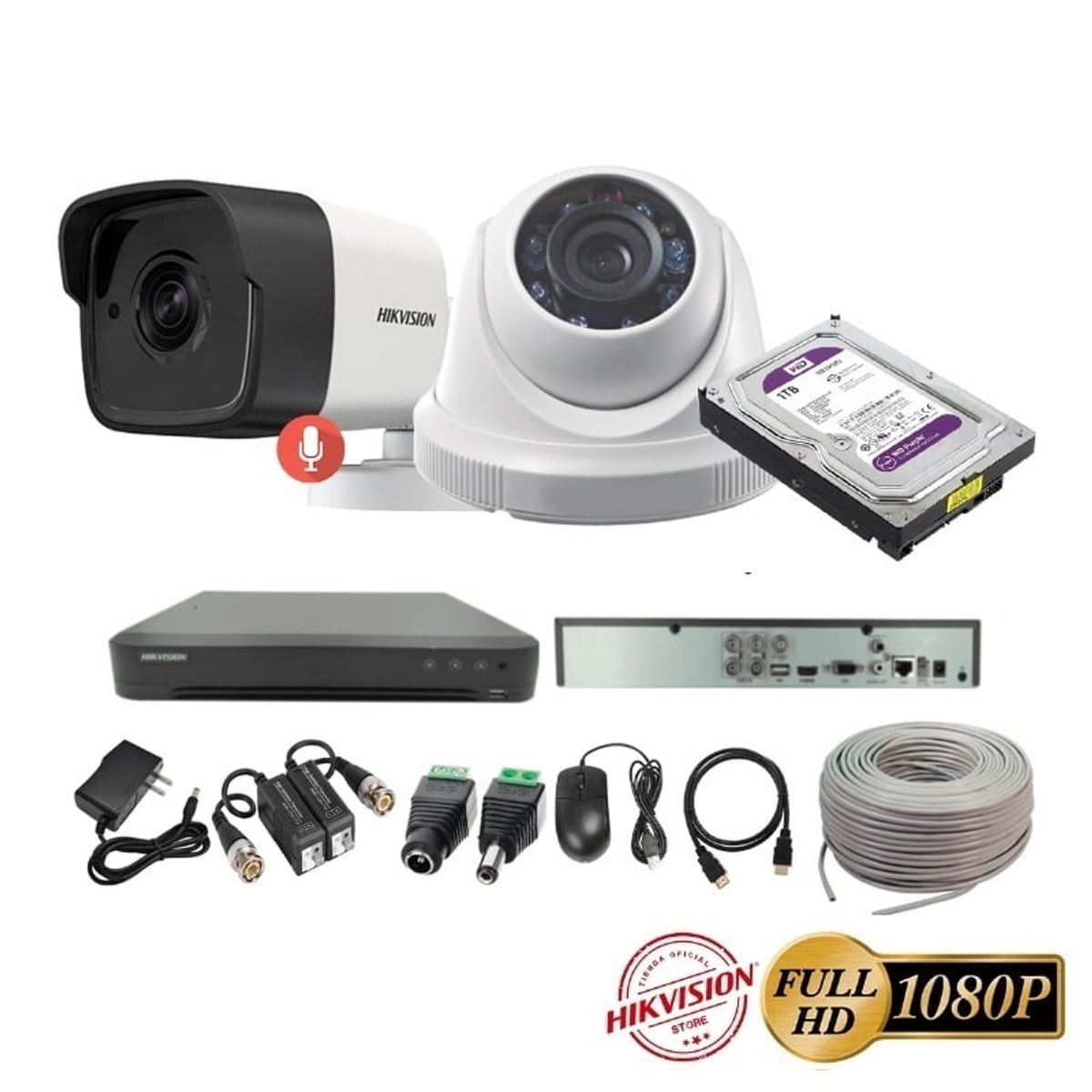 HIKVISION - kit 2 Cámaras Seguridad FULLHD Hikvision + 1TB + AUDIO + Cable