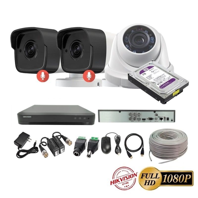 HIKVISION - kit 3 Cámaras Seguridad FULLHD Hikvision + 1TB + AUDIO + Cable